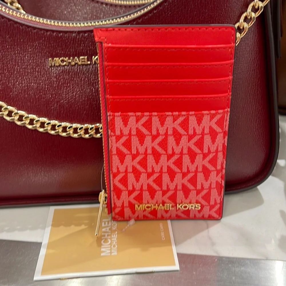 Michael Kors Jet Set Travel Medium Top Zip Card Case Wallet Dark Sangria  NWT